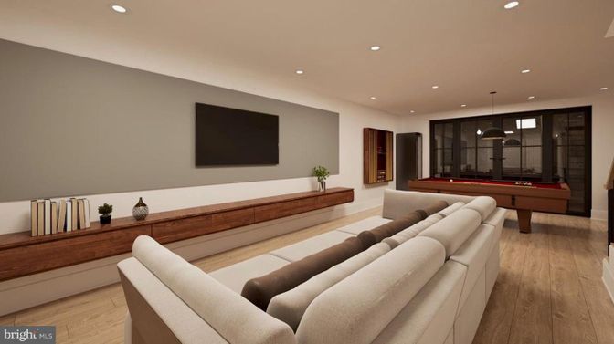Billiard Table, Game Room, Interior, Living room, Pendant Lights, Recessed Lighting, Wood Texture Flooring