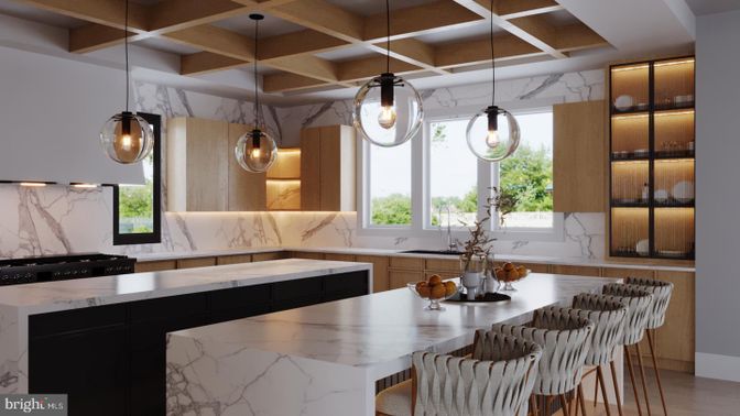 Interior, Kitchen, Marble Walls, Pendant Lights