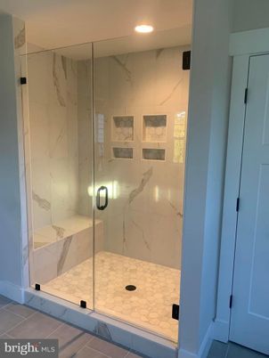 Bathroom, Glass Shower, Interior, Marble Walls, Recessed Lighting