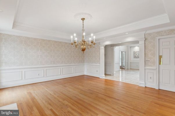 Chandelier, Empty room, Interior, Recessed Lighting, Wood Texture Flooring