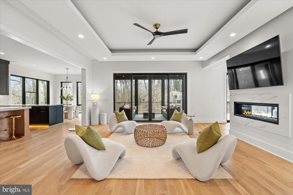 Fireplace, Interior, Living room, Pendant Lights, Recessed Lighting, Wood Texture Flooring