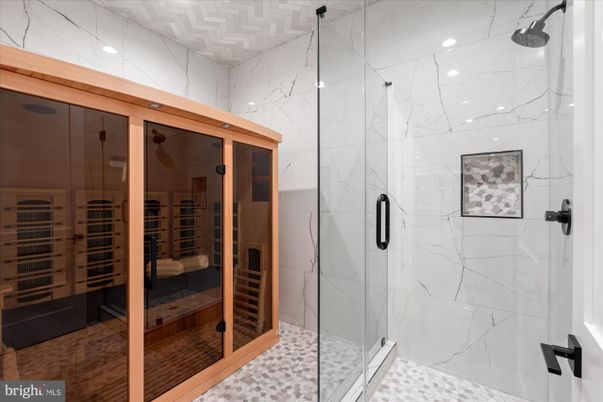 Bathroom, Glass Shower, Interior, Marble Walls, Recessed Lighting, Sauna Room