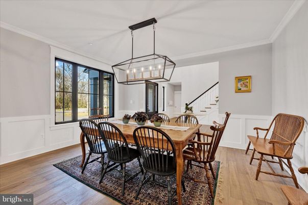 Dining room, Interior, Pendant Lights, Wood Texture Flooring