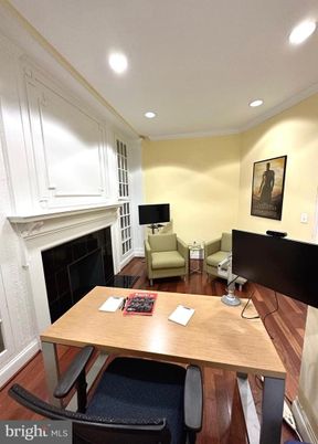Fireplace, Home Office, Interior, Recessed Lighting, Wood Texture Flooring