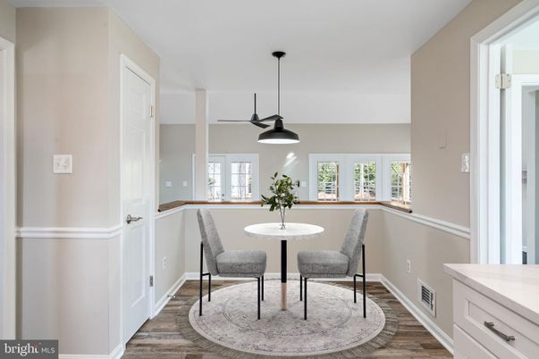 Dining room, Interior, Pendant Lights, Wood Texture Flooring