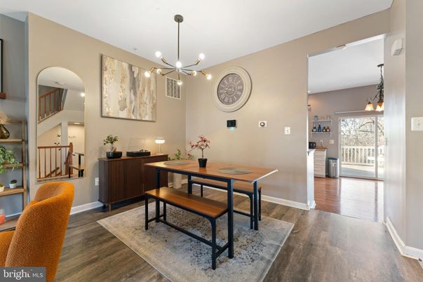 Dining room, Interior, Pendant Lights, Wood Texture Flooring