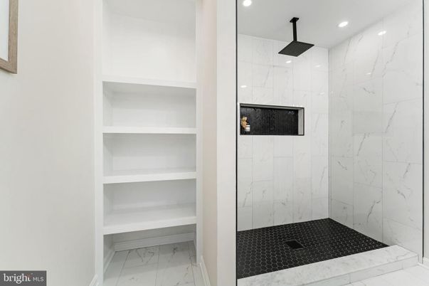 Bathroom, Glass Shower, Interior, Marble, Marble Walls, Recessed Lighting