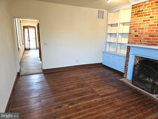 Empty room, Fireplace, Interior, Stone Walls, Wood Texture Flooring