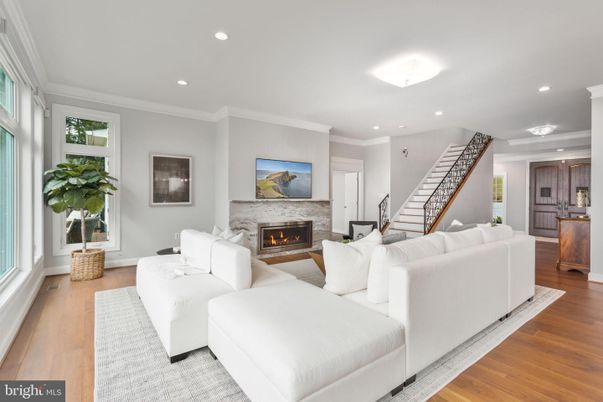 Fireplace, Interior, Living room, Recessed Lighting, Wood Texture Flooring