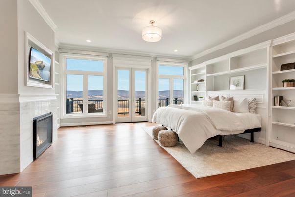Bedroom, Fireplace, Interior, Recessed Lighting, Wood Texture Flooring