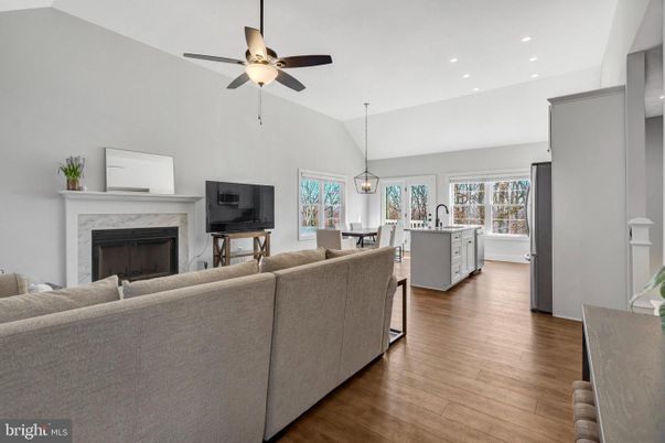 Dining room, Fireplace, Interior, Kitchen, Living room, Pendant Lights, Recessed Lighting, Wood Texture Flooring