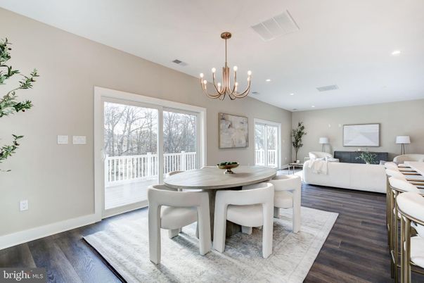Chandelier, Dining room, Interior, Living room, Pendant Lights, Recessed Lighting, Wood Texture Flooring