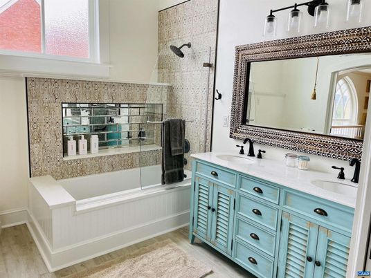 Bathroom, Dual Sink Vanities, Glass Shower, Interior, Wood Texture Flooring