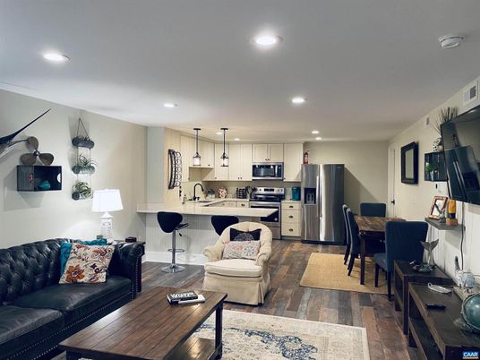 Dining room, Interior, Kitchen, Living room, Pendant Lights, Recessed Lighting, Stainless Steel Appliances, Wood Texture Flooring