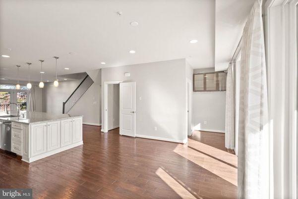 Empty room, Interior, Kitchen, Pendant Lights, Recessed Lighting, Wood Texture Flooring