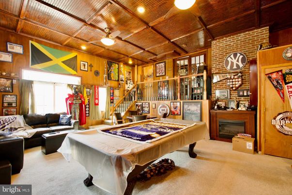 Billiard Table, Fireplace, Game Room, Interior, Living room, Stone Walls, Wooden Ceilings, Wooden Walls