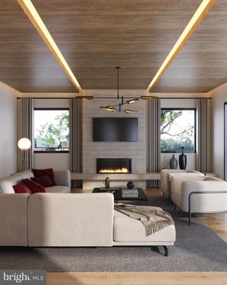 Fireplace, Interior, Living room, Pendant Lights, Stone Walls, Wooden Ceilings, Wood Texture Flooring