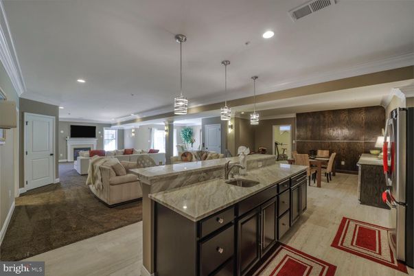 Dining room, Fireplace, Interior, Kitchen, Living room, Pendant Lights, Recessed Lighting, Stainless Steel Appliances, Wood Texture Flooring