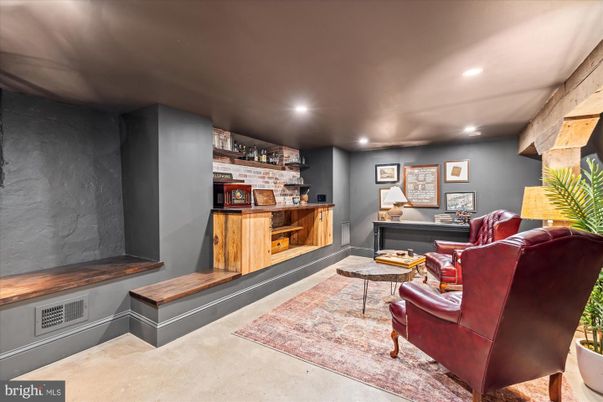 Fireplace, Interior, Living room, Recessed Lighting, Stone Walls
