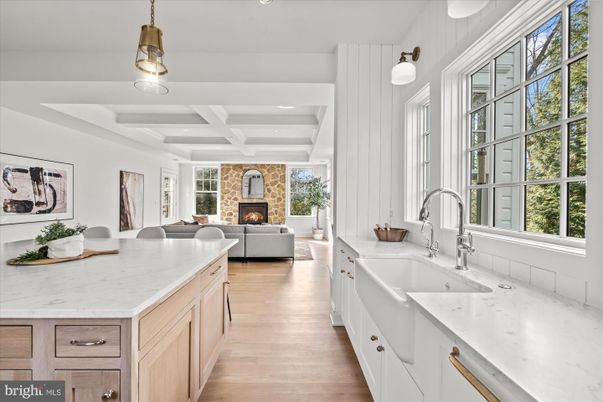 Fireplace, Interior, Kitchen, Living room, Pendant Lights, Recessed Lighting, Wood Texture Flooring