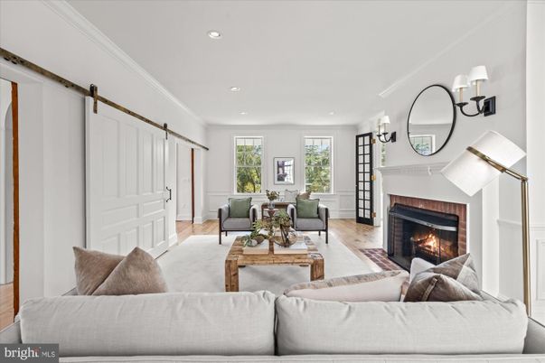 Dining room, Fireplace, Interior, Living room, Recessed Lighting, Wood Texture Flooring
