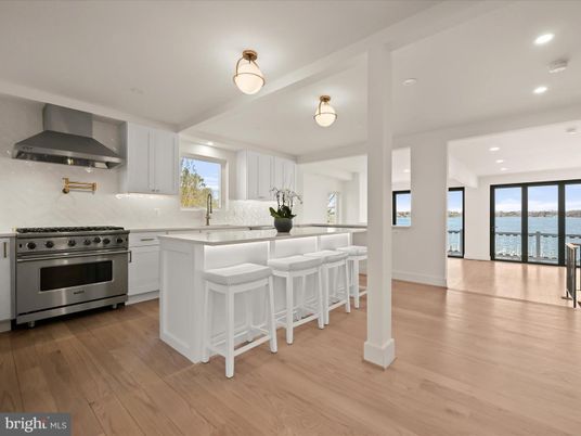Interior, Kitchen, Recessed Lighting, Stainless Steel Appliances, Water, Wood Texture Flooring