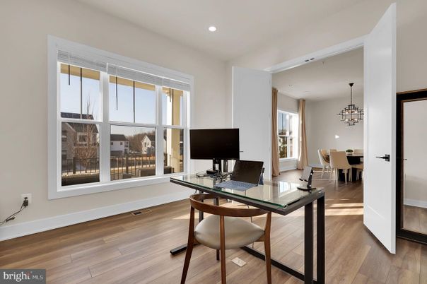 Chandelier, Home Office, Interior, Pendant Lights, Recessed Lighting, Wood Texture Flooring