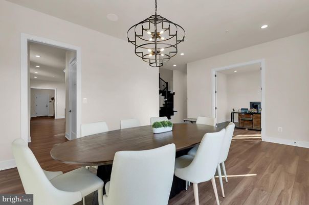 Chandelier, Dining room, Interior, Pendant Lights, Recessed Lighting, Wood Texture Flooring