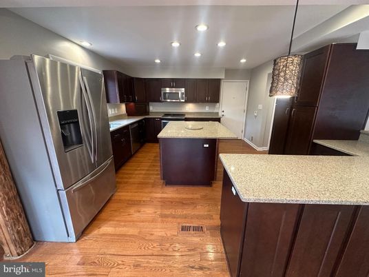 Interior, Kitchen, Pendant Lights, Recessed Lighting, Stainless Steel Appliances, Wood Texture Flooring