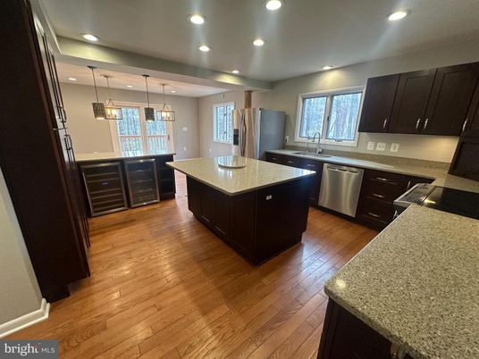 Interior, Kitchen, Pendant Lights, Recessed Lighting, Wood Texture Flooring