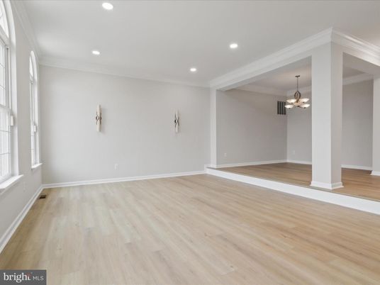 Chandelier, Empty room, Interior, Recessed Lighting, Wood Texture Flooring