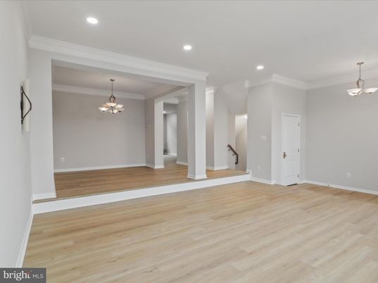 Chandelier, Empty room, Interior, Pendant Lights, Recessed Lighting, Wood Texture Flooring