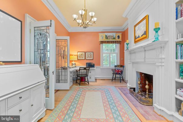 Chandelier, Fireplace, Home Office, Interior, Pendant Lights, Wood Texture Flooring