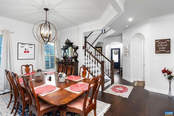 Chandelier, Dining room, Interior, Recessed Lighting, Wood Texture Flooring