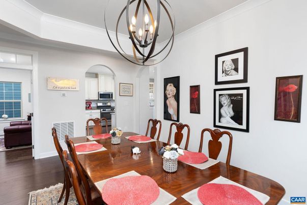 Chandelier, Dining room, Interior, Kitchen, Stainless Steel Appliances, Wood Texture Flooring