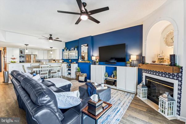 Dining room, Fireplace, Interior, Kitchen, Living room, Pendant Lights, Wood Texture Flooring