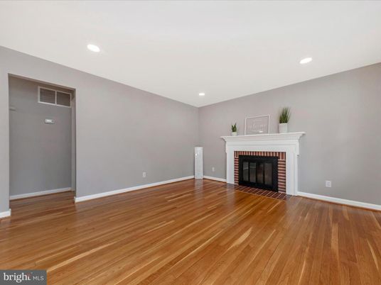 Empty room, Fireplace, Interior, Recessed Lighting, Wood Texture Flooring