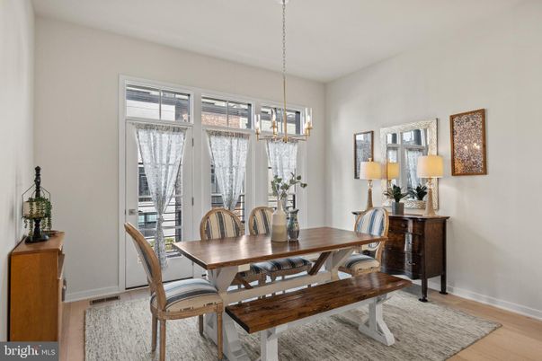Dining room, Interior, Pendant Lights, Wood Texture Flooring