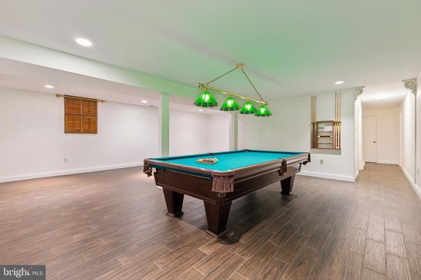 Billiard Table, Game Room, Interior, Pendant Lights, Recessed Lighting, Wood Texture Flooring