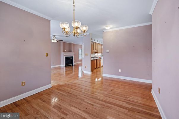 Chandelier, Empty room, Fireplace, Interior, Kitchen, Wood Texture Flooring