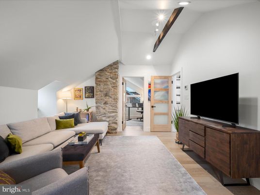 Interior, Kitchen, Living room, Recessed Lighting, Stone Walls, Wood Texture Flooring
