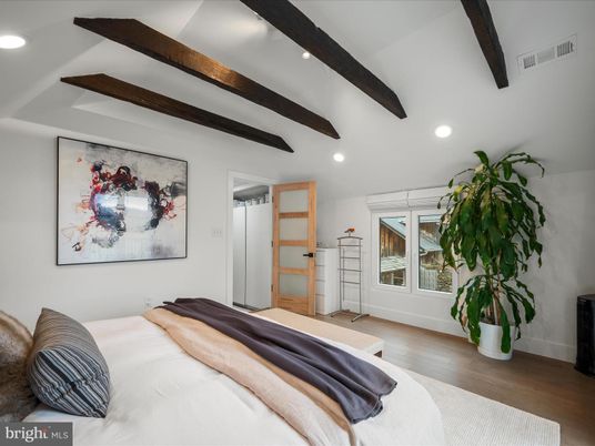 Bedroom, Interior, Recessed Lighting, Wooden Beams, Wood Texture Flooring