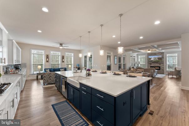 Dining room, Fireplace, Interior, Kitchen, Living room, Pendant Lights, Recessed Lighting, Wood Texture Flooring