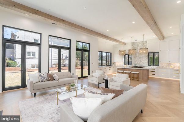 Interior, Kitchen, Living room, Pendant Lights, Recessed Lighting, Wooden Beams, Wood Texture Flooring