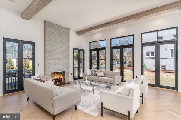 Fireplace, Interior, Living room, Recessed Lighting, Stone Walls, Wooden Beams, Wood Texture Flooring