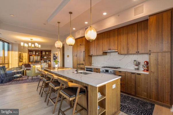 Interior, Kitchen, Living room, Marble Walls, Pendant Lights, Recessed Lighting, Wood Texture Flooring