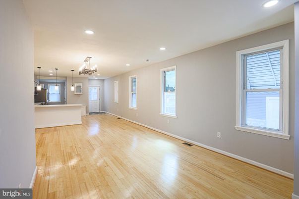 Chandelier, Empty room, Interior, Kitchen, Pendant Lights, Recessed Lighting, Wood Texture Flooring