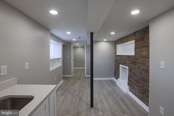 Interior, Recessed Lighting, Stone Walls, Wood Texture Flooring