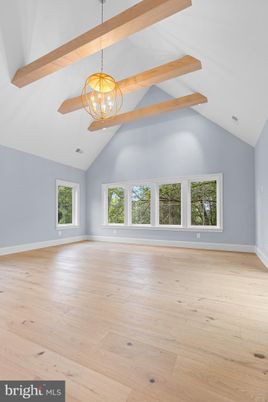 Chandelier, Empty room, Interior, Pendant Lights, Wooden Beams, Wood Texture Flooring