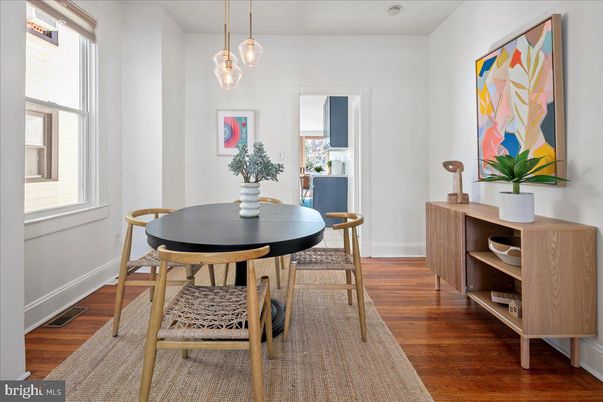 Dining room, Interior, Pendant Lights, Wood Texture Flooring